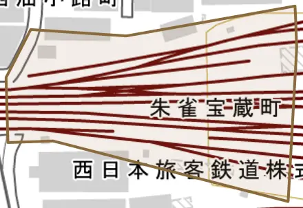 西九条北ノ内町とその周辺の地図。町の範囲を重ねている