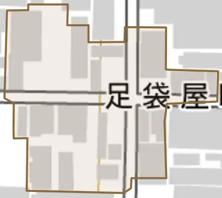 足袋屋町とその周辺の地図。町の範囲を重ねている