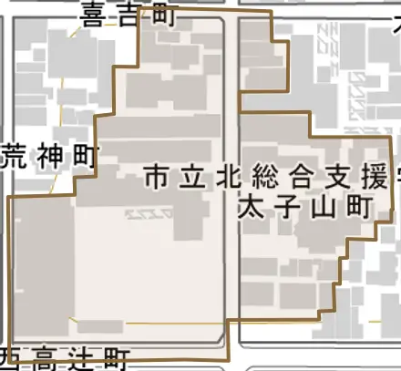 太子山町とその周辺の地図。町の範囲を重ねている