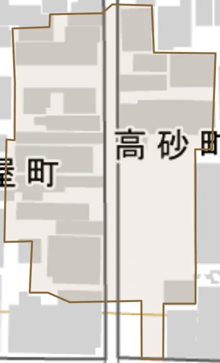 高砂町とその周辺の地図。町の範囲を重ねている