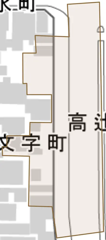 高辻堀川町とその周辺の地図。町の範囲を重ねている