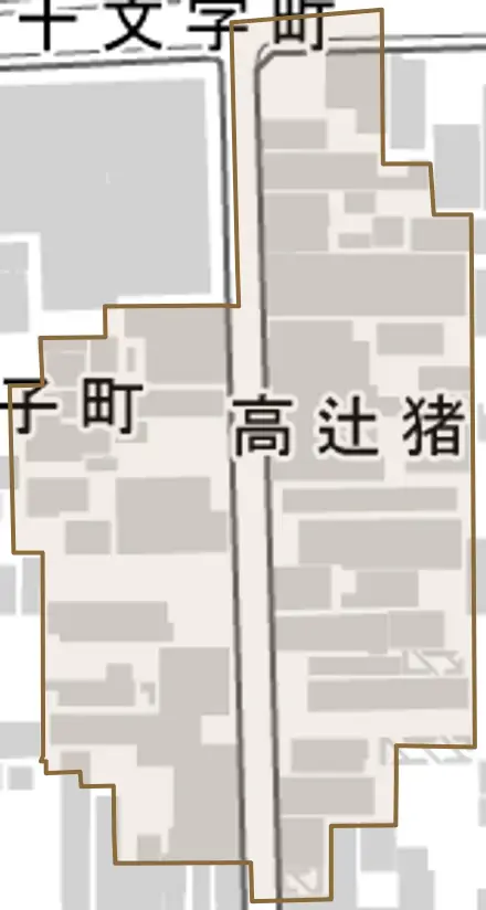 高辻猪熊町とその周辺の地図。町の範囲を重ねている