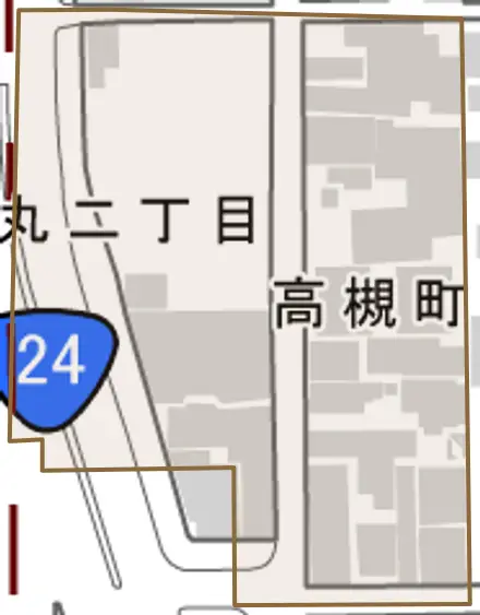 高槻町とその周辺の地図。町の範囲を重ねている