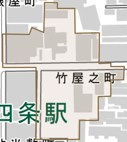 竹屋之町とその周辺の地図。町の範囲を重ねている