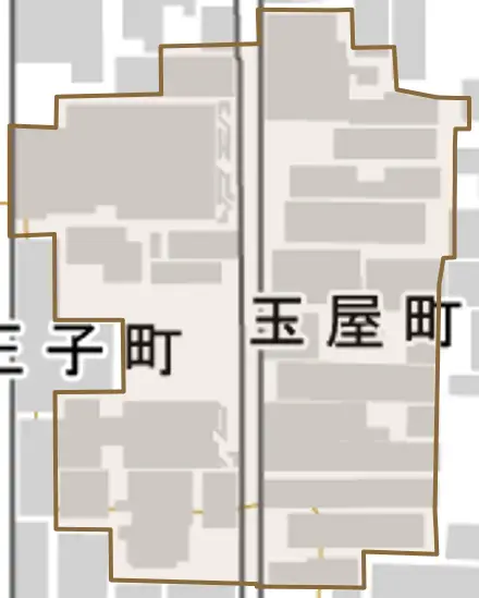 玉屋町とその周辺の地図。町の範囲を重ねている