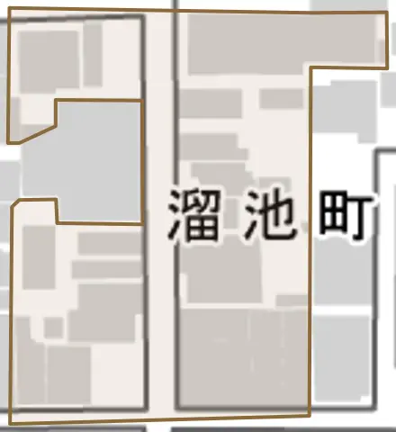 溜池町とその周辺の地図。町の範囲を重ねている