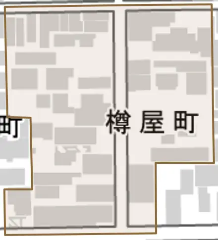 樽屋町とその周辺の地図。町の範囲を重ねている