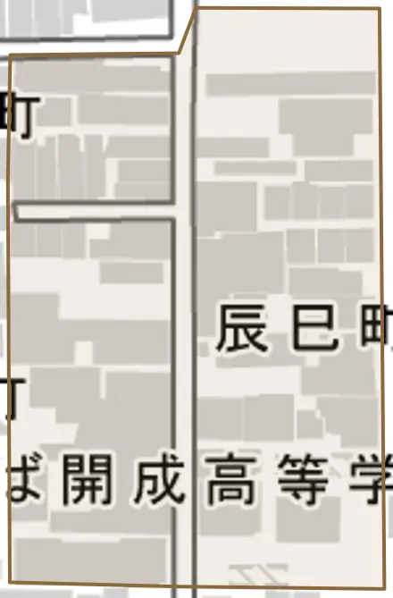 辰巳町とその周辺の地図。町の範囲を重ねている