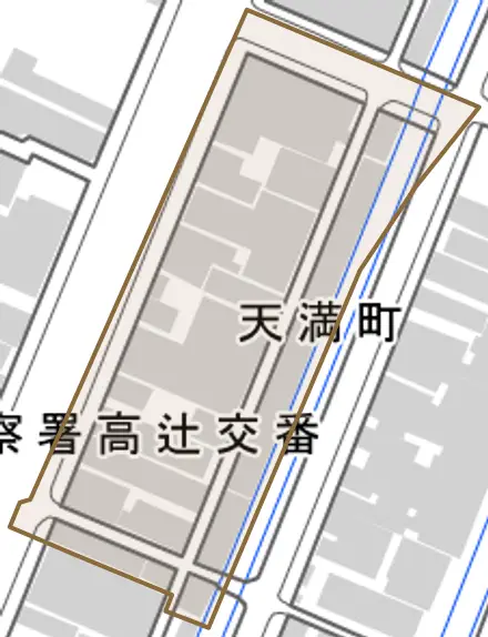 天満町とその周辺の地図。町の範囲を重ねている