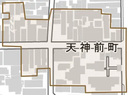 天神前町とその周辺の地図。町の範囲を重ねている