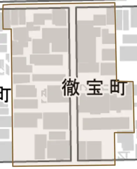 徹宝町とその周辺の地図。町の範囲を重ねている