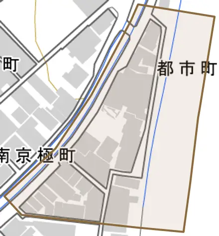 都市町とその周辺の地図。町の範囲を重ねている