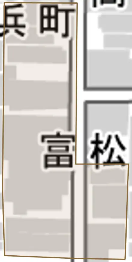 富松町とその周辺の地図。町の範囲を重ねている
