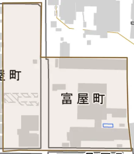 富屋町とその周辺の地図。町の範囲を重ねている