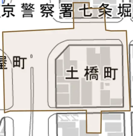 土橋町とその周辺の地図。町の範囲を重ねている