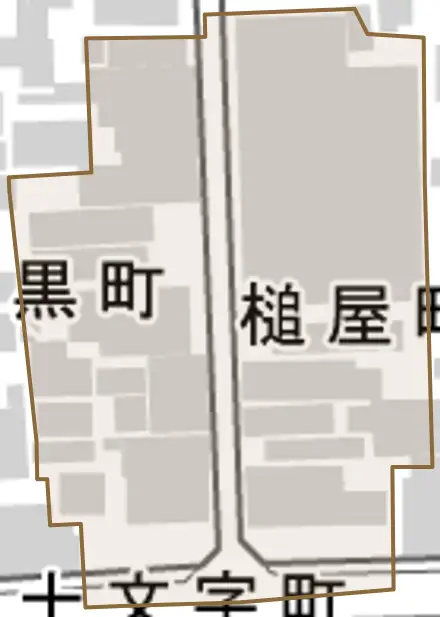 槌屋町とその周辺の地図。町の範囲を重ねている
