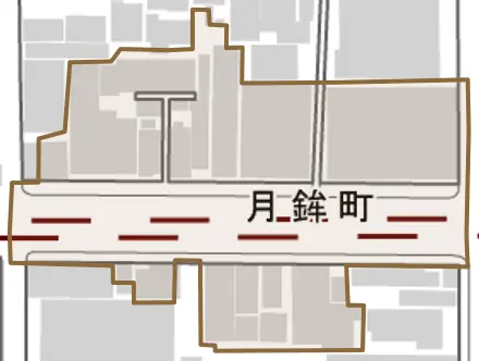 月鉾町とその周辺の地図。町の範囲を重ねている