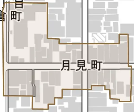 月見町とその周辺の地図。町の範囲を重ねている