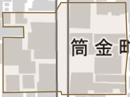 筒金町とその周辺の地図。町の範囲を重ねている