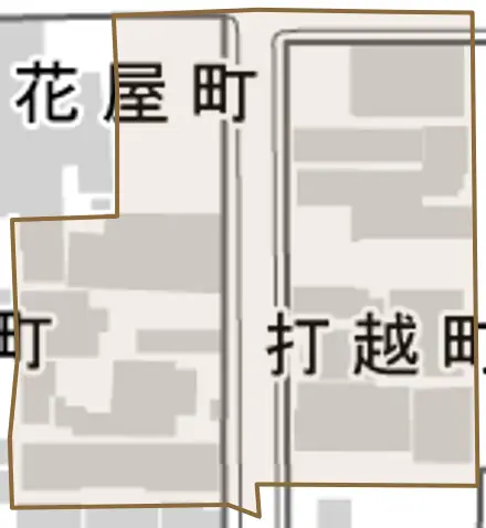 打越町とその周辺の地図。町の範囲を重ねている