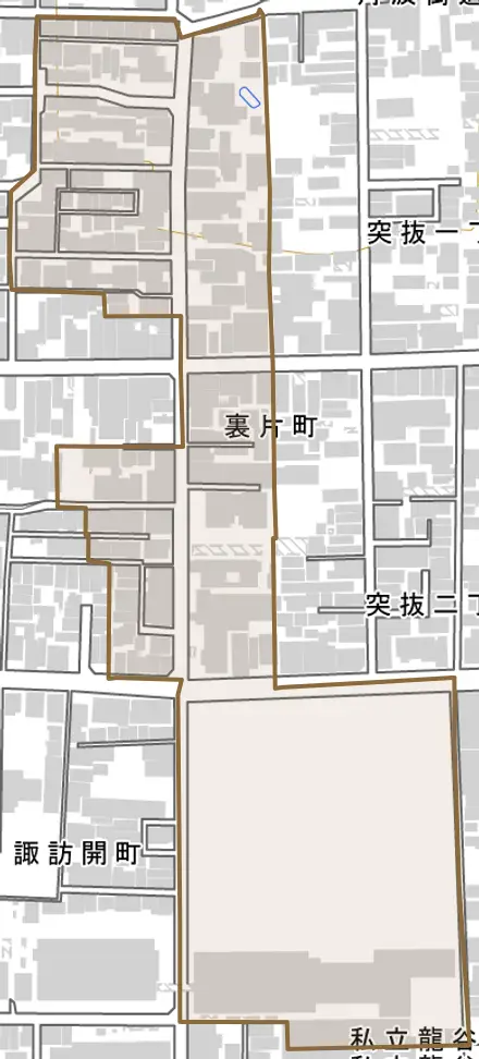裏片町とその周辺の地図。町の範囲を重ねている