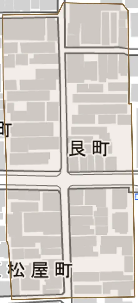 艮町とその周辺の地図。町の範囲を重ねている