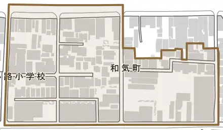 和気町とその周辺の地図。町の範囲を重ねている