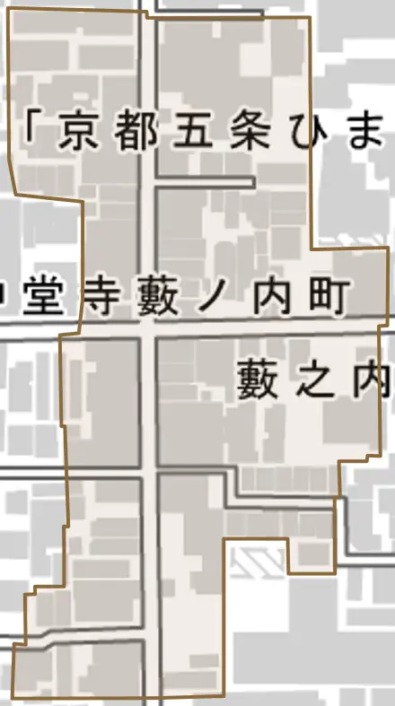 藪之内町とその周辺の地図。町の範囲を重ねている