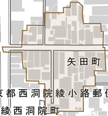 矢田町とその周辺の地図。町の範囲を重ねている