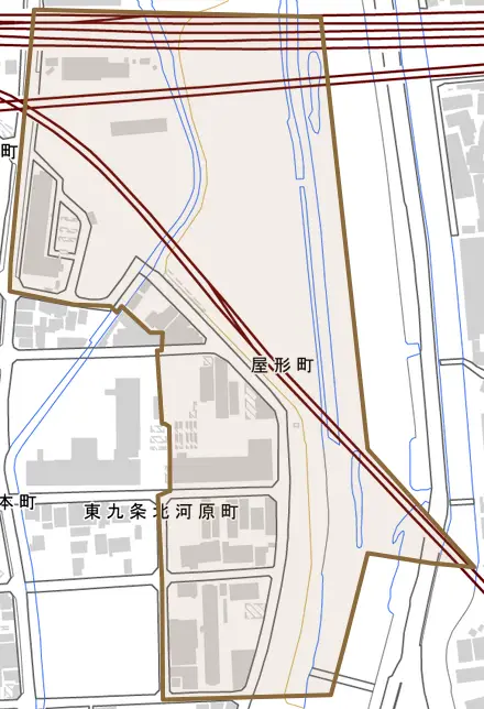 屋形町とその周辺の地図。町の範囲を重ねている