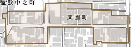 薬園町とその周辺の地図。町の範囲を重ねている