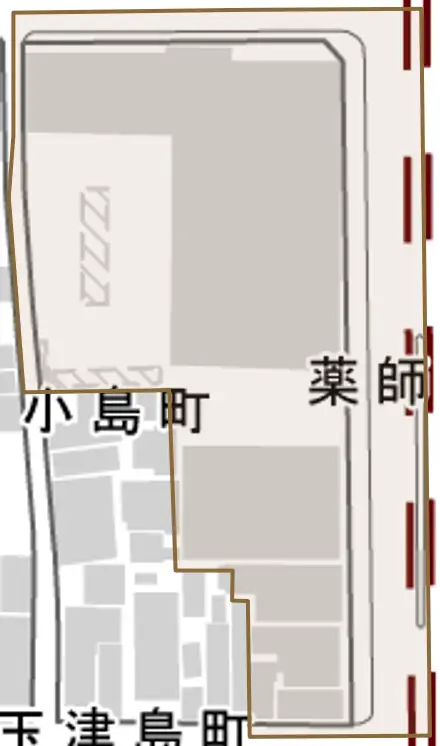 薬師前町とその周辺の地図。町の範囲を重ねている