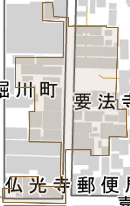 要法寺町とその周辺の地図。町の範囲を重ねている