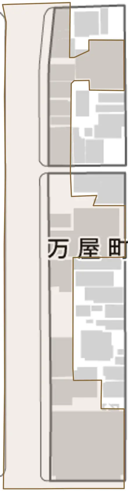 万屋町とその周辺の地図。町の範囲を重ねている