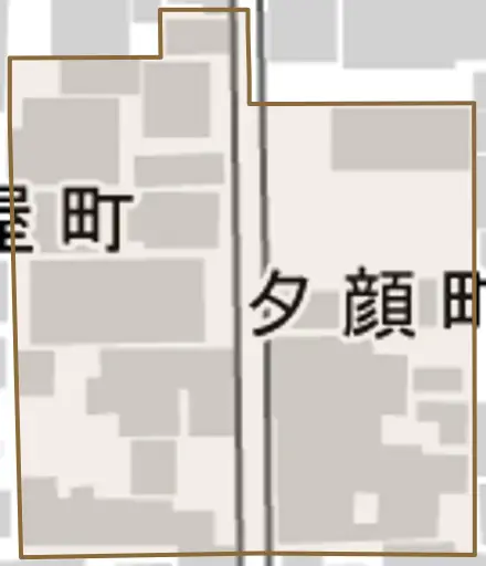 夕顔町とその周辺の地図。町の範囲を重ねている