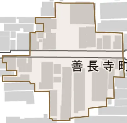 善長寺町とその周辺の地図。町の範囲を重ねている