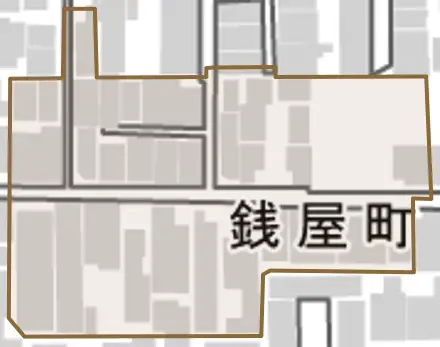 銭屋町とその周辺の地図。町の範囲を重ねている