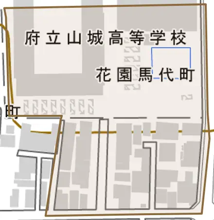 花園馬代町とその周辺の地図。町の範囲を重ねている