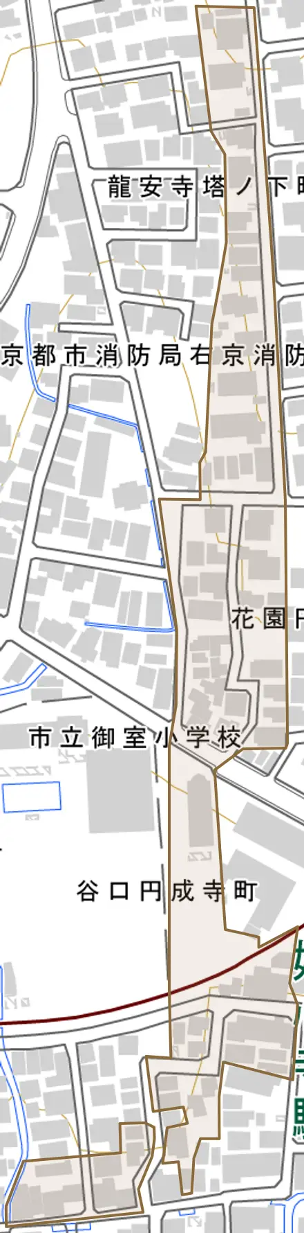花園円成寺町とその周辺の地図。町の範囲を重ねている