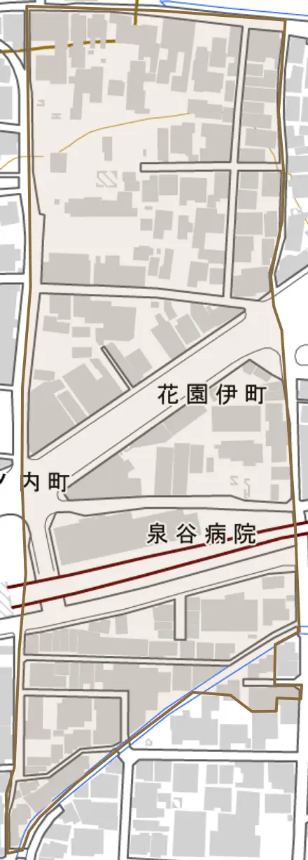 花園伊町とその周辺の地図。町の範囲を重ねている