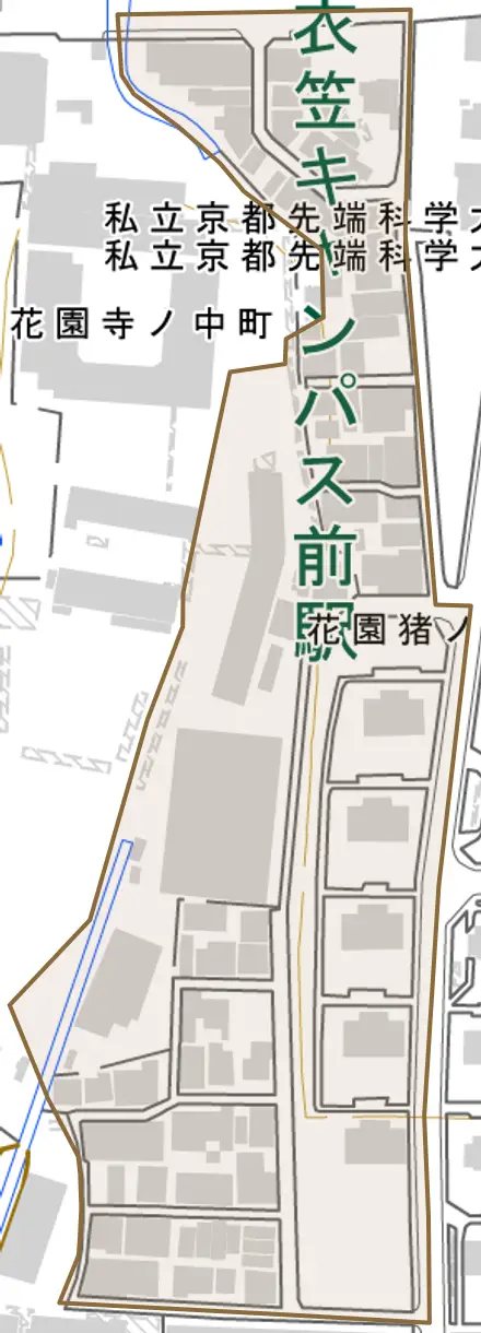 花園猪ノ毛町とその周辺の地図。町の範囲を重ねている