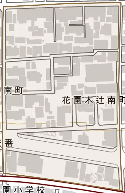 花園木辻南町とその周辺の地図。町の範囲を重ねている