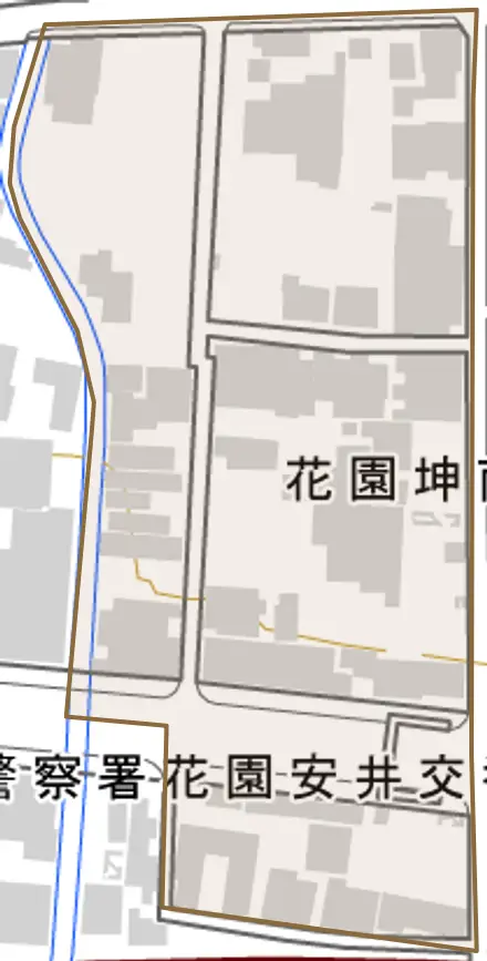 花園坤南町とその周辺の地図。町の範囲を重ねている