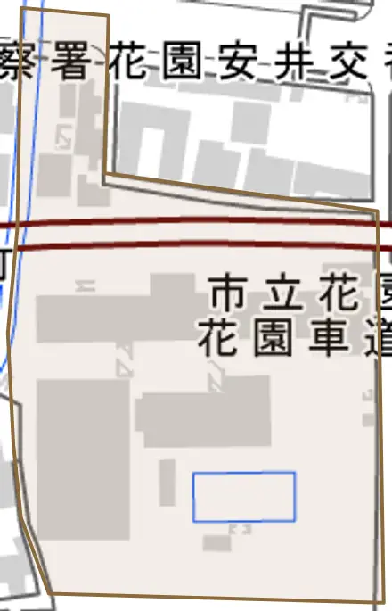 花園車道町とその周辺の地図。町の範囲を重ねている