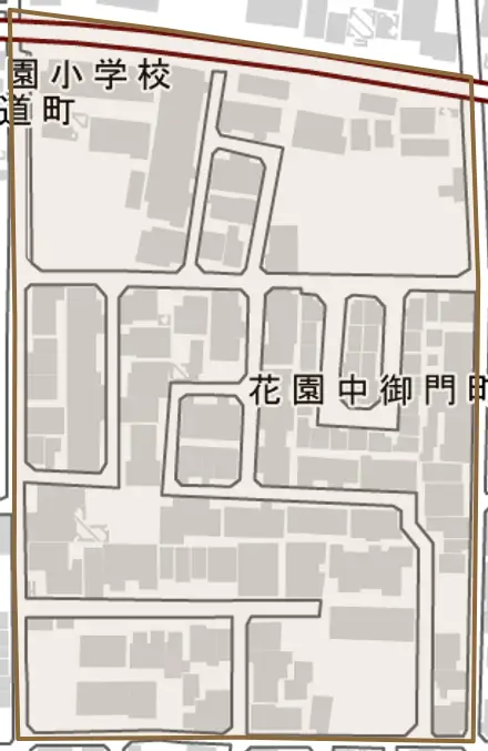 花園中御門町とその周辺の地図。町の範囲を重ねている