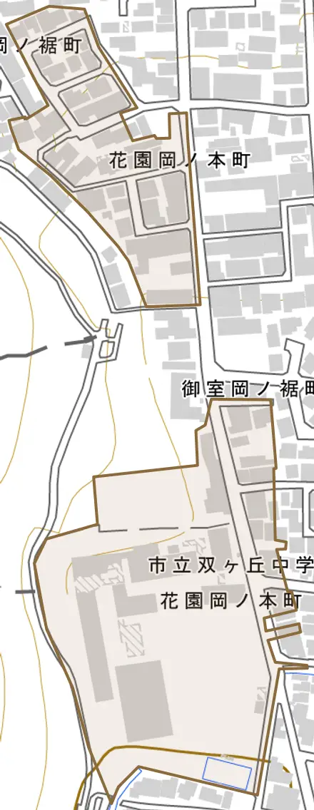 花園岡ノ本町とその周辺の地図。町の範囲を重ねている
