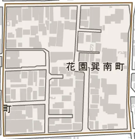 花園巽南町とその周辺の地図。町の範囲を重ねている