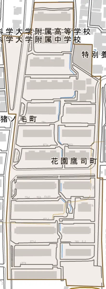 花園鷹司町とその周辺の地図。町の範囲を重ねている