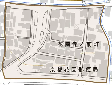 花園寺ノ前町とその周辺の地図。町の範囲を重ねている