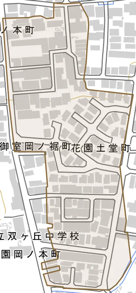 花園土堂町とその周辺の地図。町の範囲を重ねている